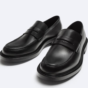 Zara Leather Penny Loafer Black Men's Size 40 Slip On Block Heels Chunky Sole